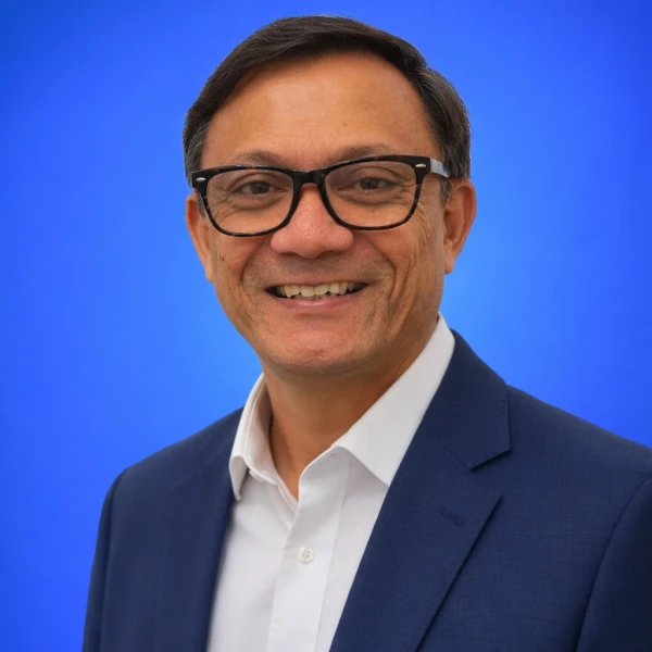 Headshot of a smiling man in a navy suit and white shirt wearing black glasses against a blue studio backdrop.