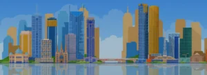 Stylized city skyline with tall glass buildings reflecting on calm water, under a blue sky.