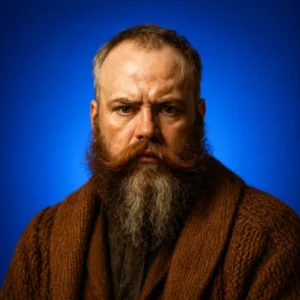 Nate Birth Portrait of a man with a thick brown beard and mustache, wearing a brown knitted cardigan, staring intently at the camera against a blue background.