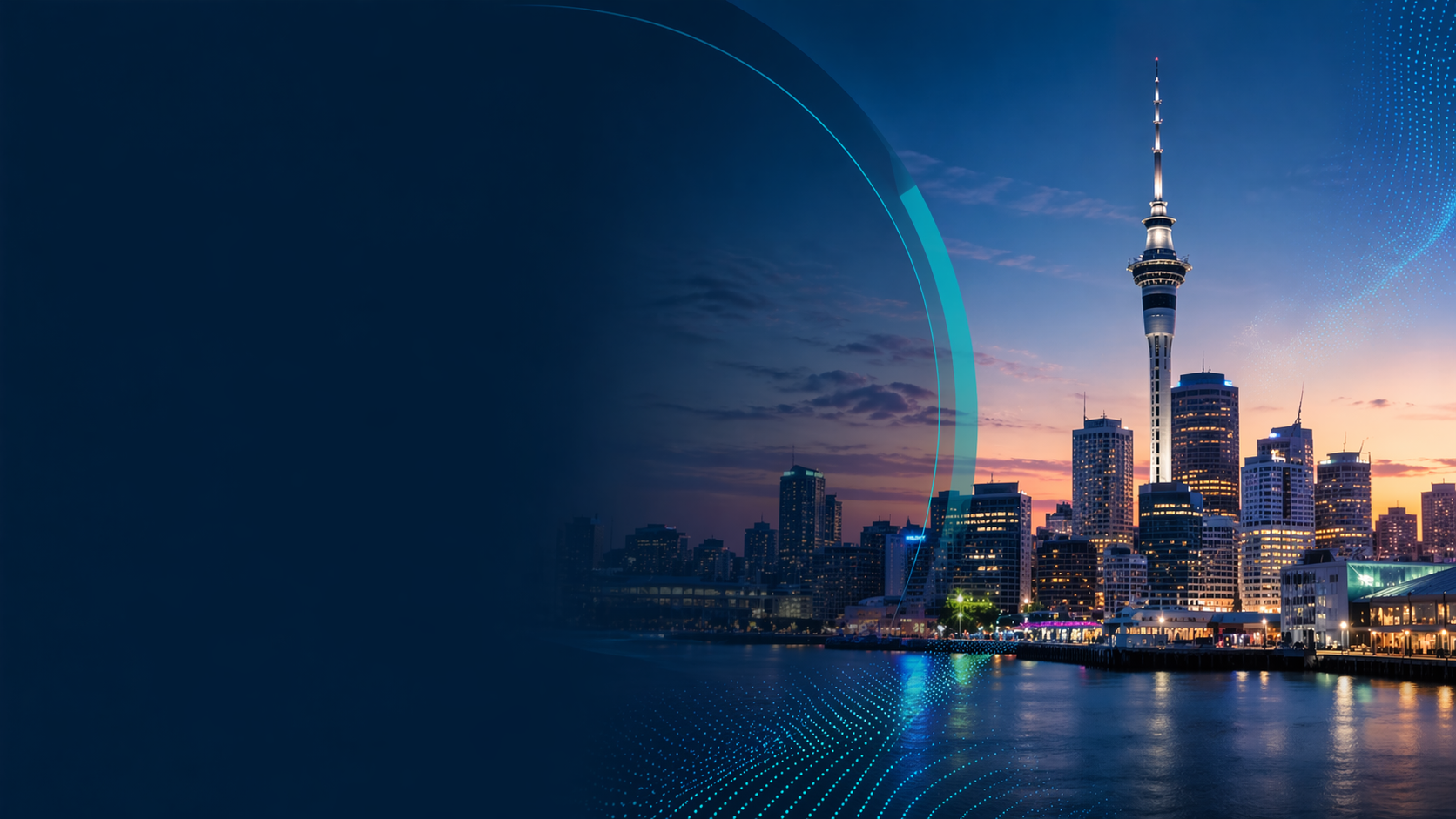 City skyline at sunset along the water with a tall tower and teal arc graphics on the left.