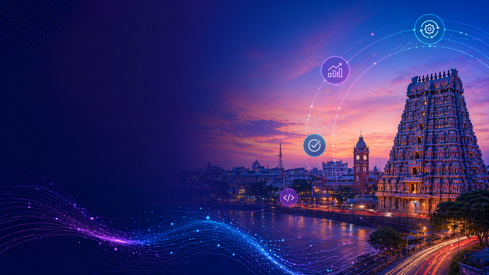 Sunset cityscape with a large ornate temple on the right and glowing circular tech icons connected by arcs in the sky.