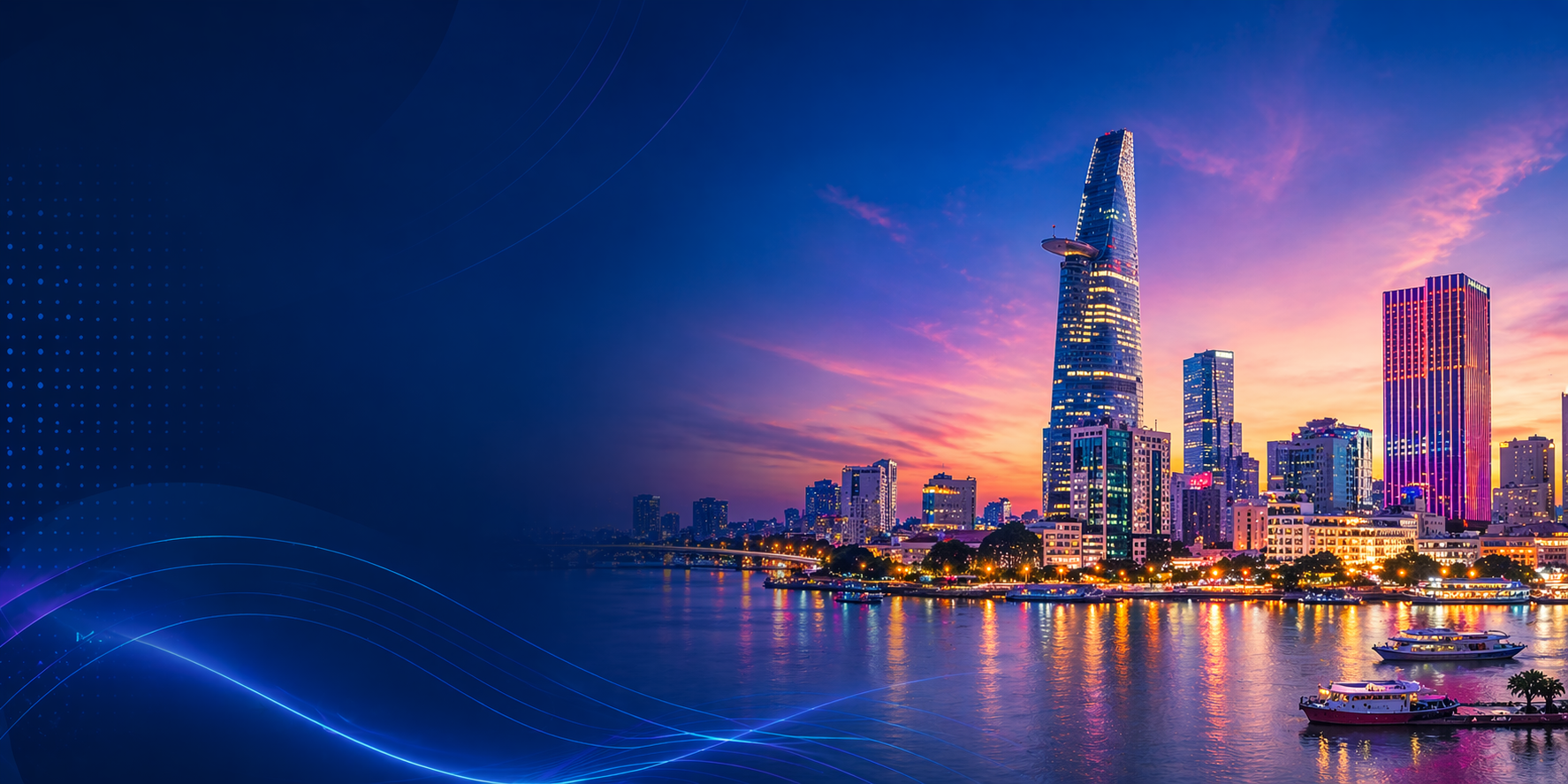 City skyline by a sunset river, with lit buildings and boats on the water; deep blue abstract design on the left.