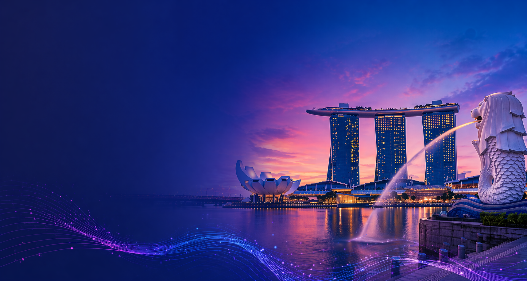 Evening waterfront view in Singapore with the Merlion statue spraying water and the Marina Bay Sands towers lit at sunset.
