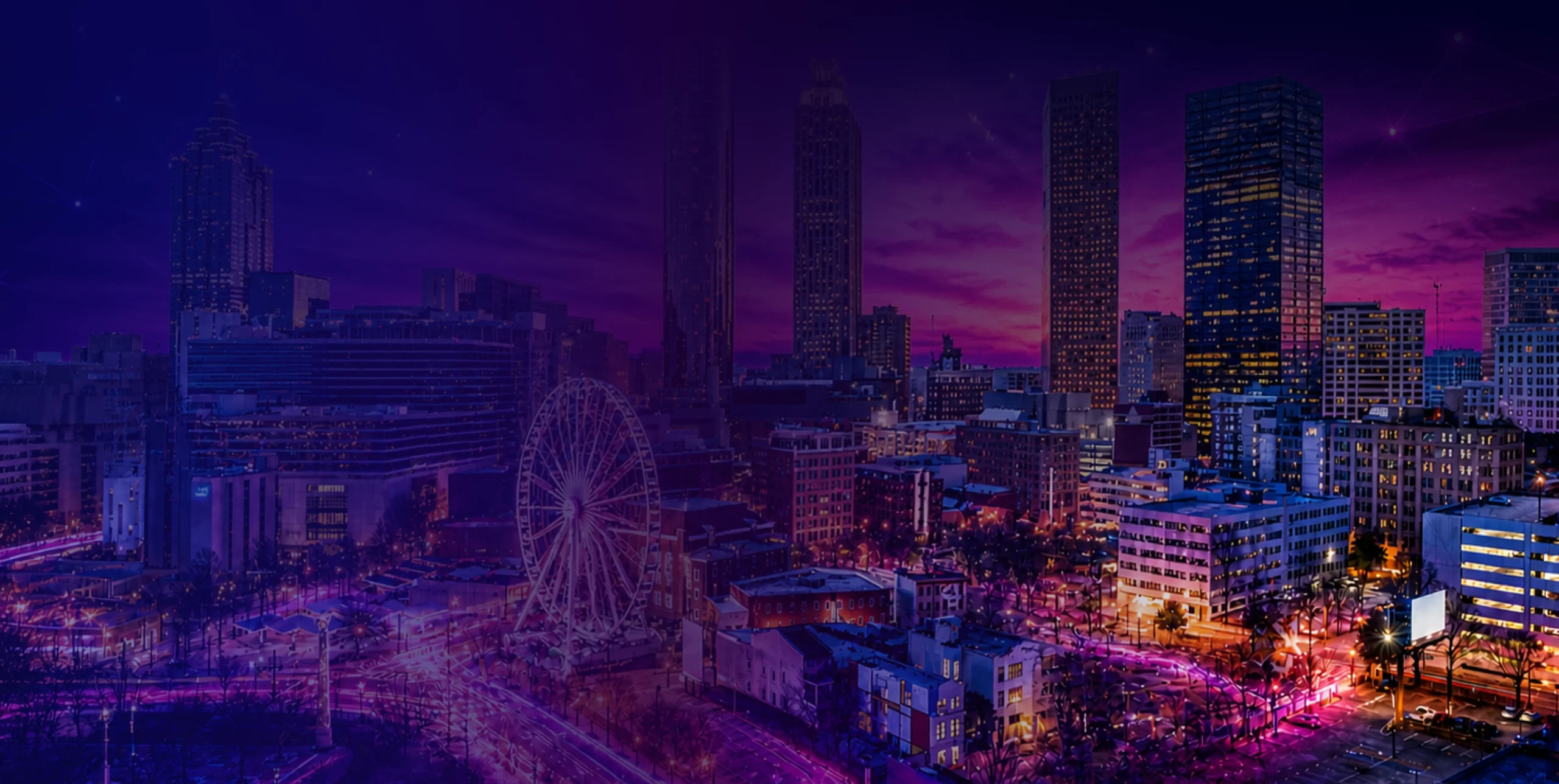 Nighttime cityscape with illuminated skyscrapers, a ferris wheel, and a pink-purple horizon.