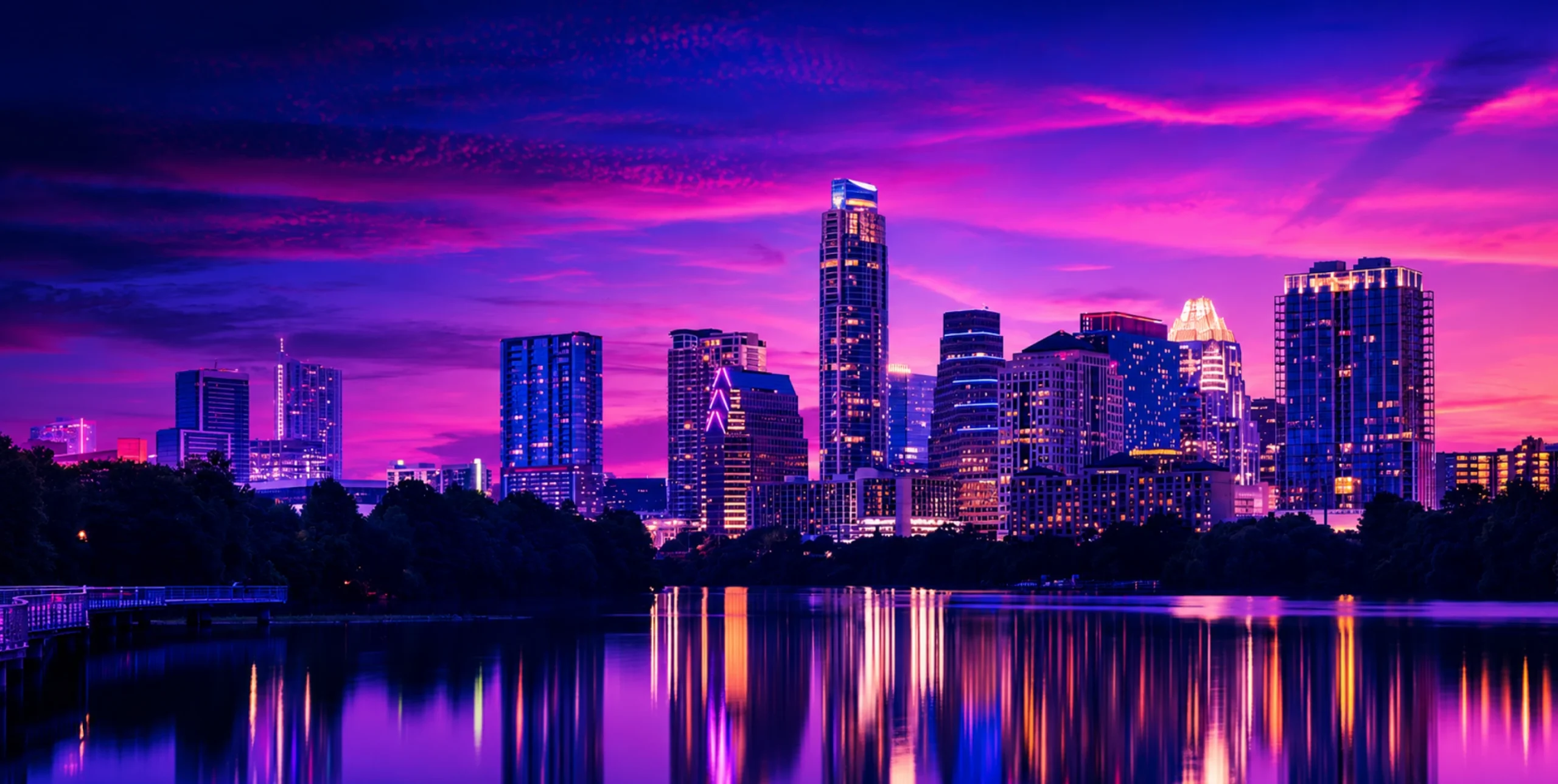 City skyline at dusk with a purple-pink sky and tall illuminated buildings reflecting on a calm river.