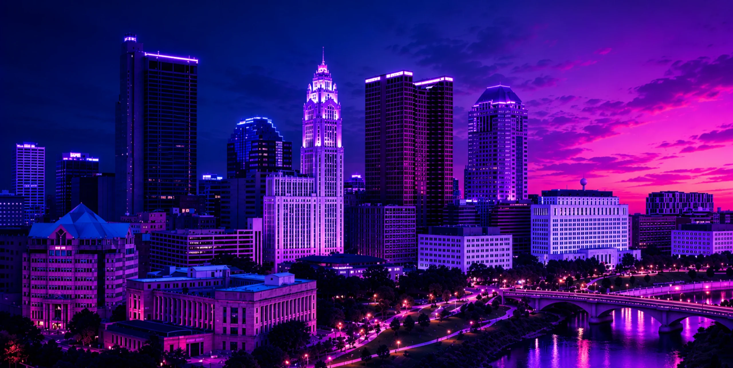 Nighttime city skyline with tall illuminated buildings along a river and a lit bridge, in purple and pink hues.
