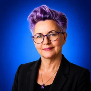 Professional portrait of a woman with short purple hair and glasses, wearing a black blazer against a blue background.