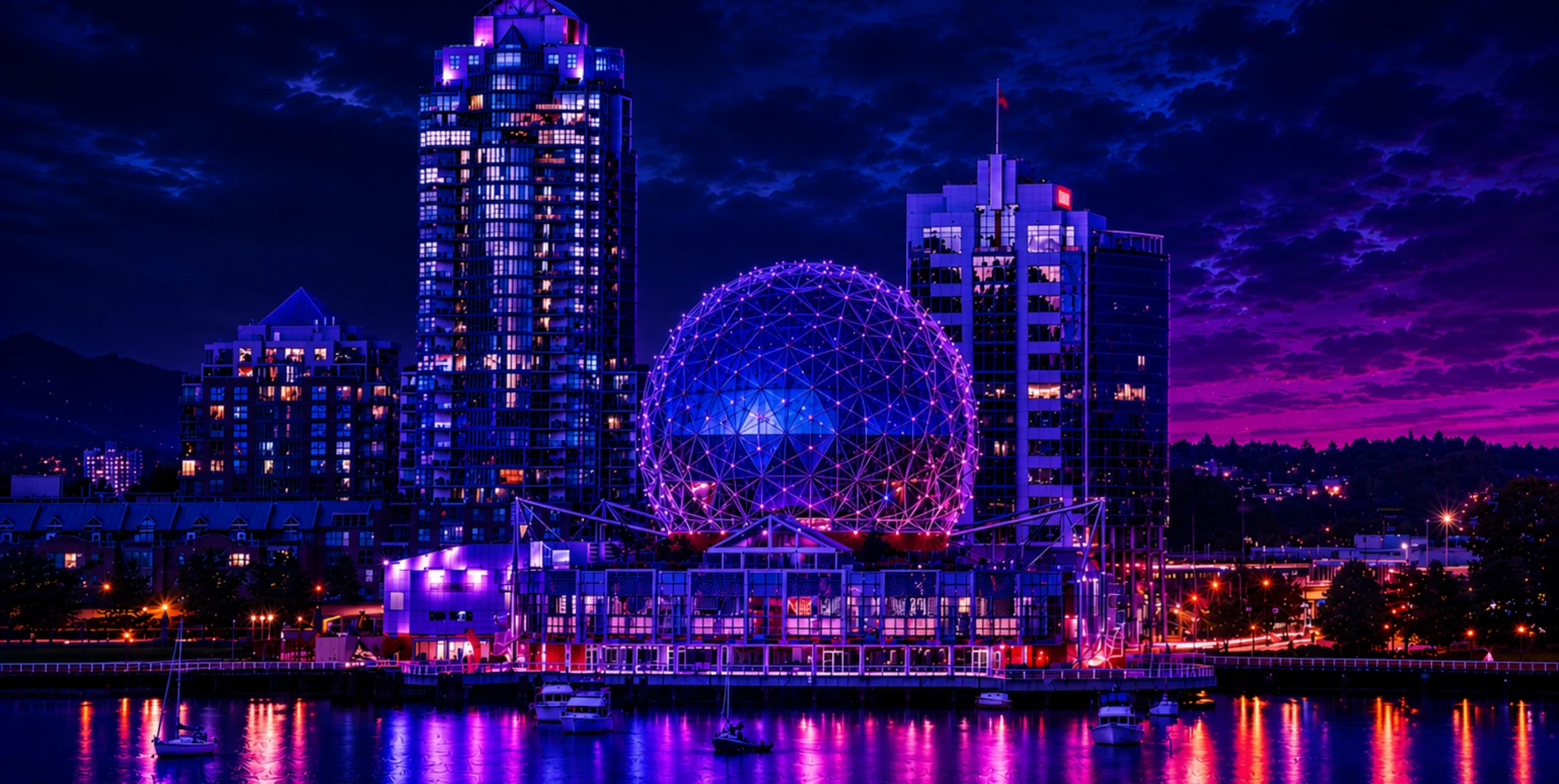 Nighttime city skyline with a glowing geodesic sphere by the water and tall illuminated buildings.