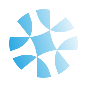 agenda-shape Blue abstract pinwheel made of eight curved blades arranged in a circular pattern.