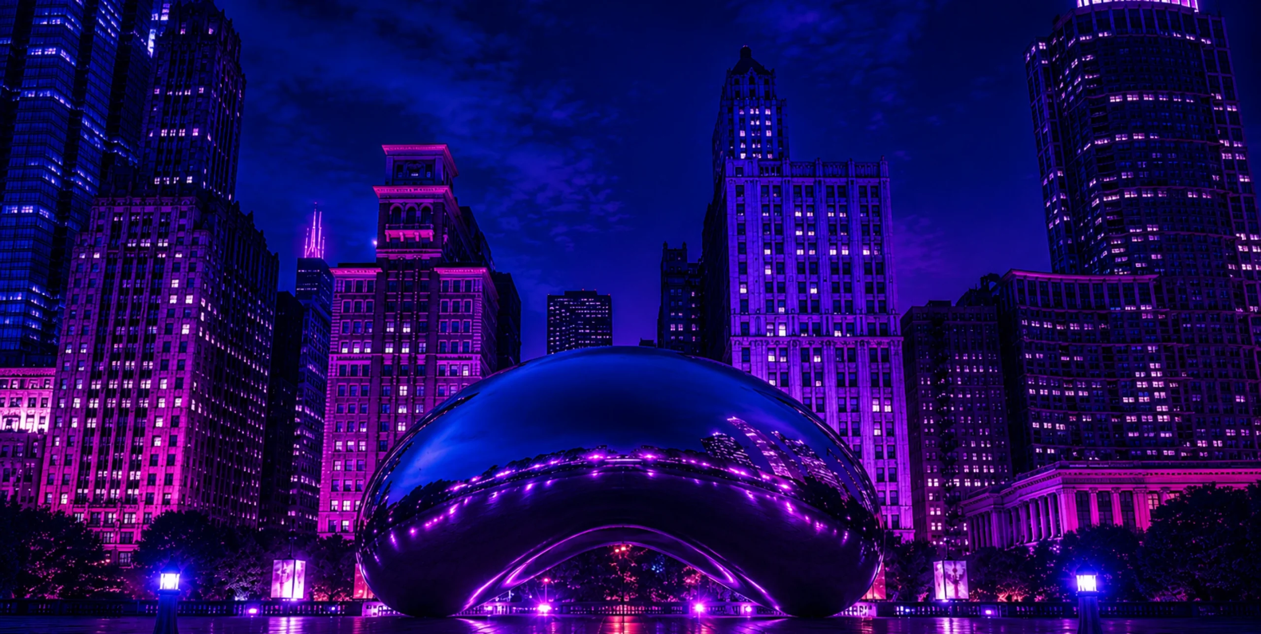 Nighttime city skyline lit in purple with a large reflective sculpture in the foreground.