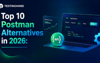 Banner for TestingMind article: 'Top 10 Postman Alternatives in 2026' with a laptop showing API code, a glowing API badge, and a gear icon on a dark blue background.