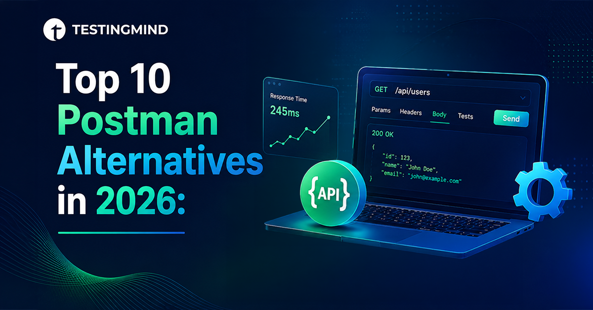 Banner for TestingMind article: 'Top 10 Postman Alternatives in 2026' with a laptop showing API code, a glowing API badge, and a gear icon on a dark blue background.