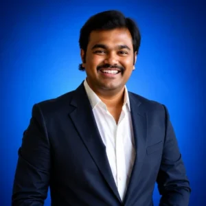 Smiling man in a navy suit and white shirt posing against a blue backdrop.