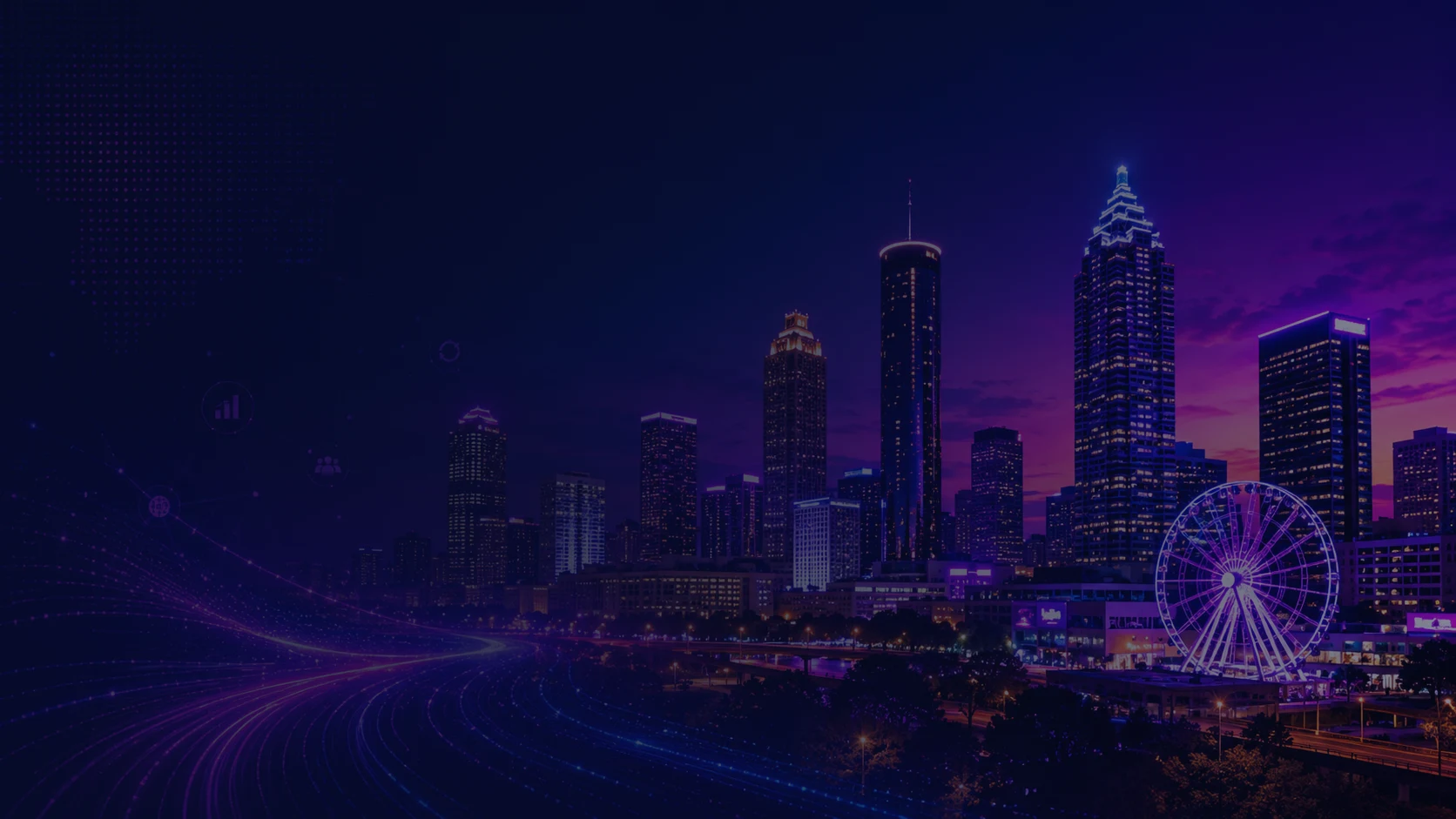 Atlanta skyline at night with illuminated towers and a Ferris wheel under a purple and pink sky, darkened so the summit details stay readable.